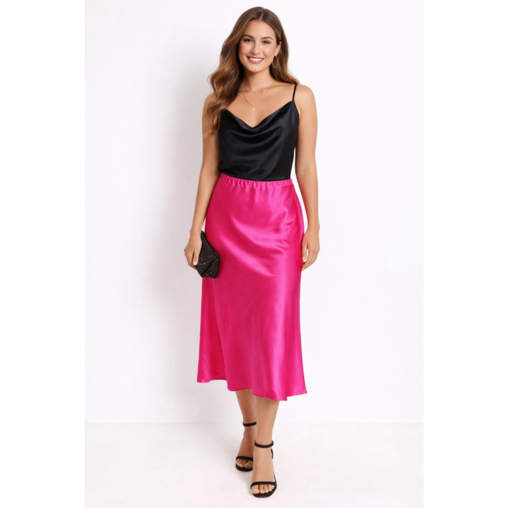 The Drop XL Hot Pink Satin Midi Skirt Elastic Waist Barbiecore Party Date Night - Picture 3 of 7